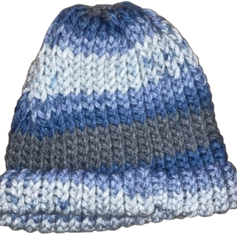 Handmade cozy blue and gray knit beanie hat for adults.